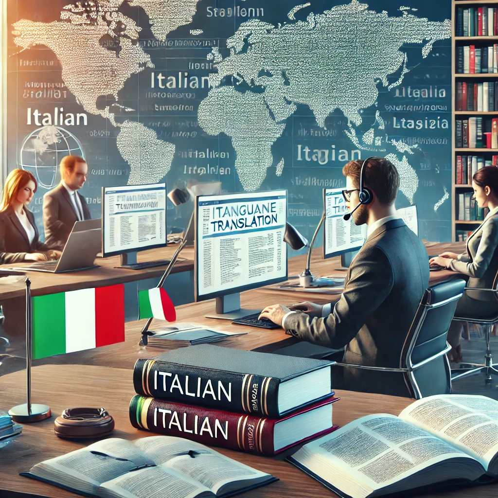 A modern office environment showing professional translators at their desks, with one translator prominently working on Italian translation, accompanied by an Italian flag and books related to Italian legal and business translation. The background includes a world map, symbolizing global language services and a sense of professionalism and multicultural collaboration.