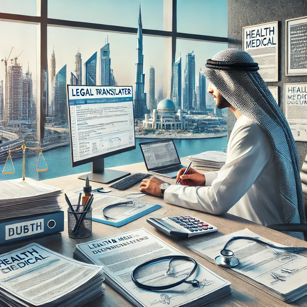 An expert legal translator working on health and medical documents in a modern Dubai office, with Dubai skyscrapers visible through the window, showcasing a professional and multicultural environment.