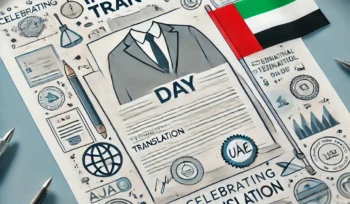 Here’s the banner with the requested text for International Translation Day. The design reflects celebration and professionalism, showcasing the theme of translation services with the UAE flag subtly incorporated. This visual can be used to accompany your article or social media posts for International Translation Day.