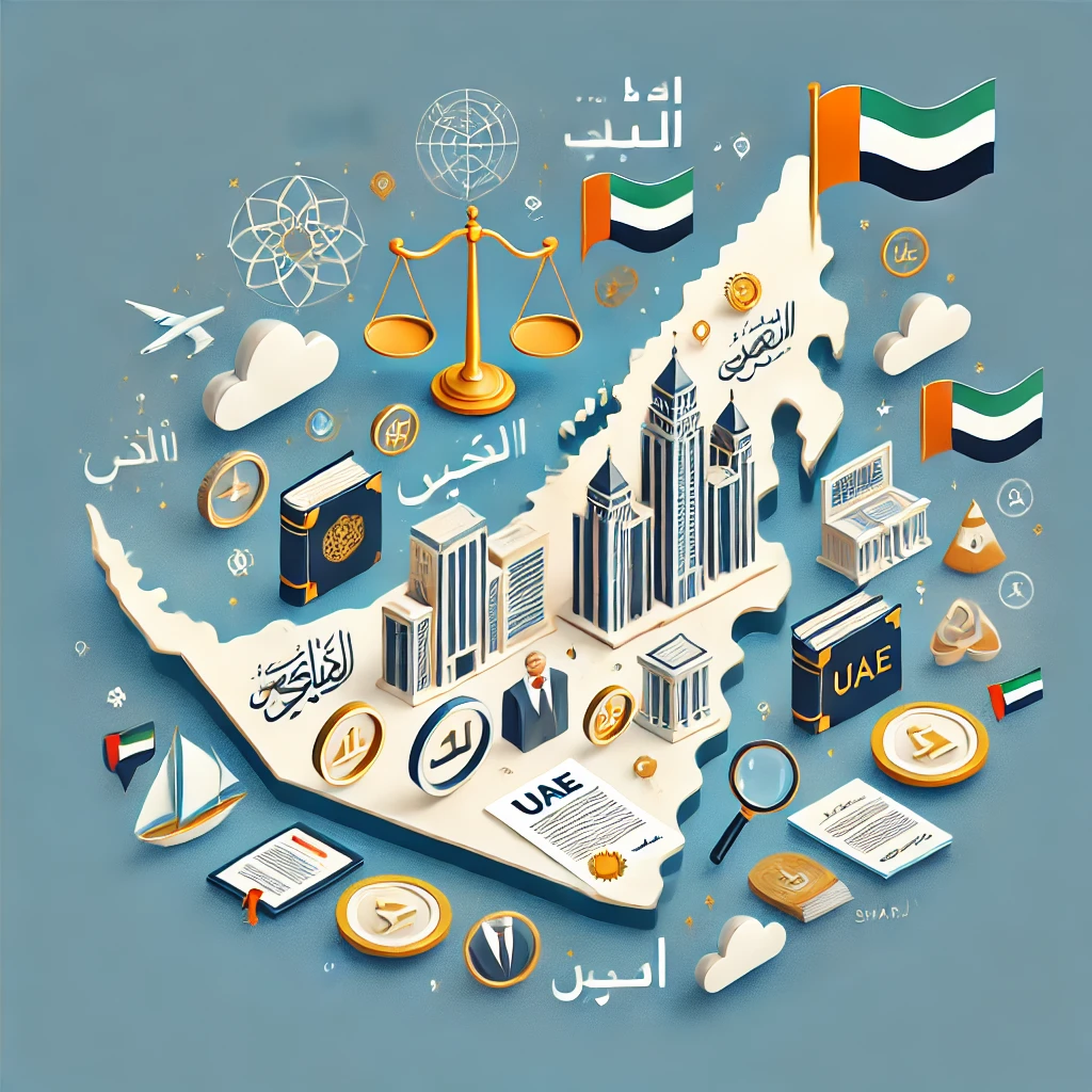 Illustration of Legal Translation Services in UAE featuring a stylized map with cities like Dubai, Abu Dhabi, and Sharjah highlighted, surrounded by icons of legal documents, translation books, and language symbols representing certified Arabic to English translations.