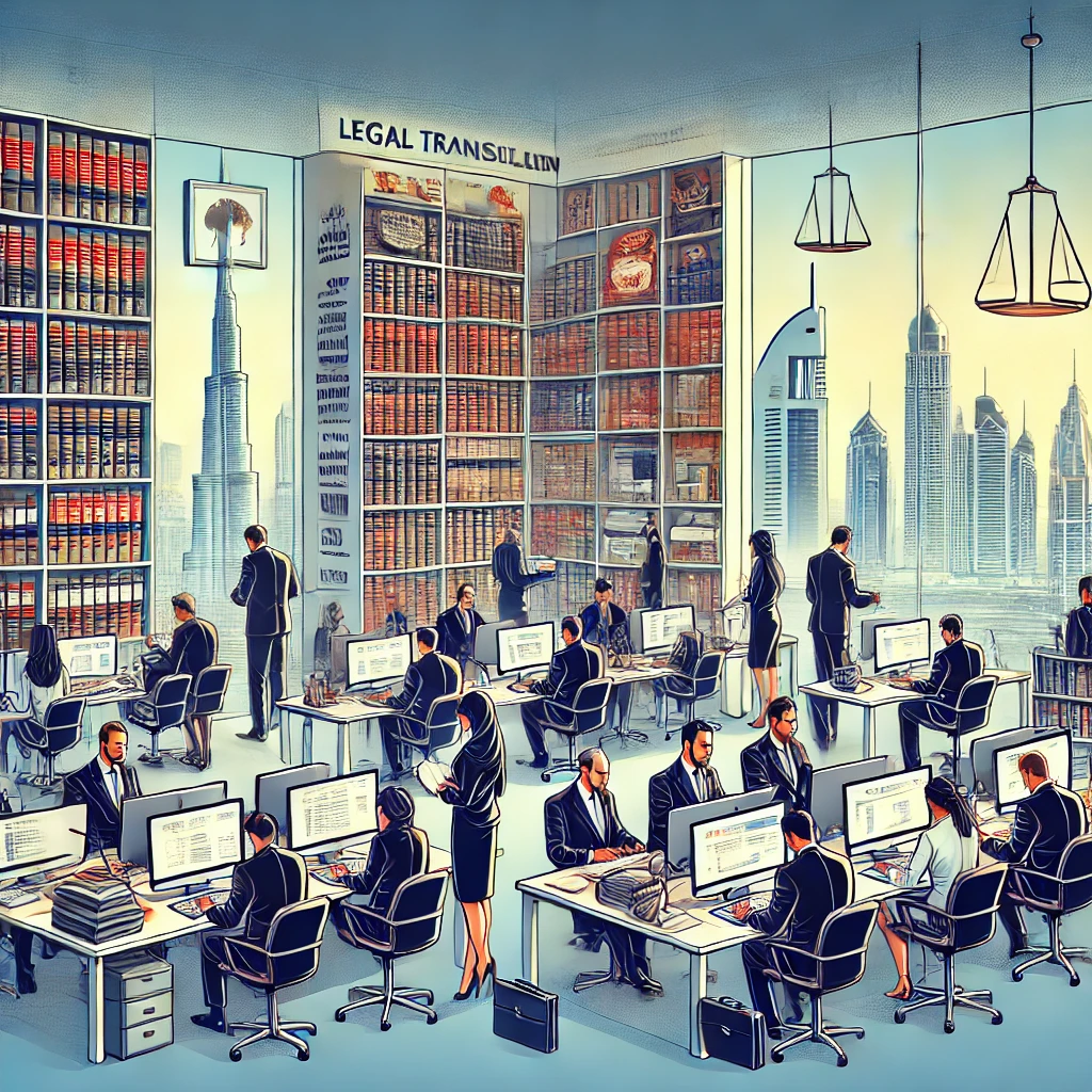 An illustration of a professional legal translation office in Dubai, showcasing certified legal translators working on computers, reviewing documents, and consulting with clients. The background features shelves filled with legal books and certificates, and a cityscape view of Dubai, reflecting a formal and efficient business environment of Dubai, Sharjah, Ajman, and Abu Dhabi