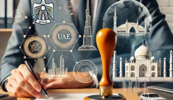 A professional legal office in the UAE where a legal expert is processing attested documents, including notary stamps and certificates, representing attestation and affidavit services in Dubai and Ajman.