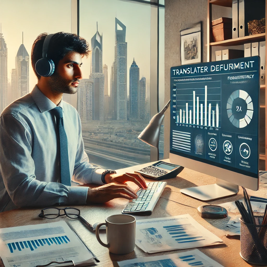Professional office environment in Dubai showcasing a translator working on bank statement translation with a focus on accuracy and confidentiality.