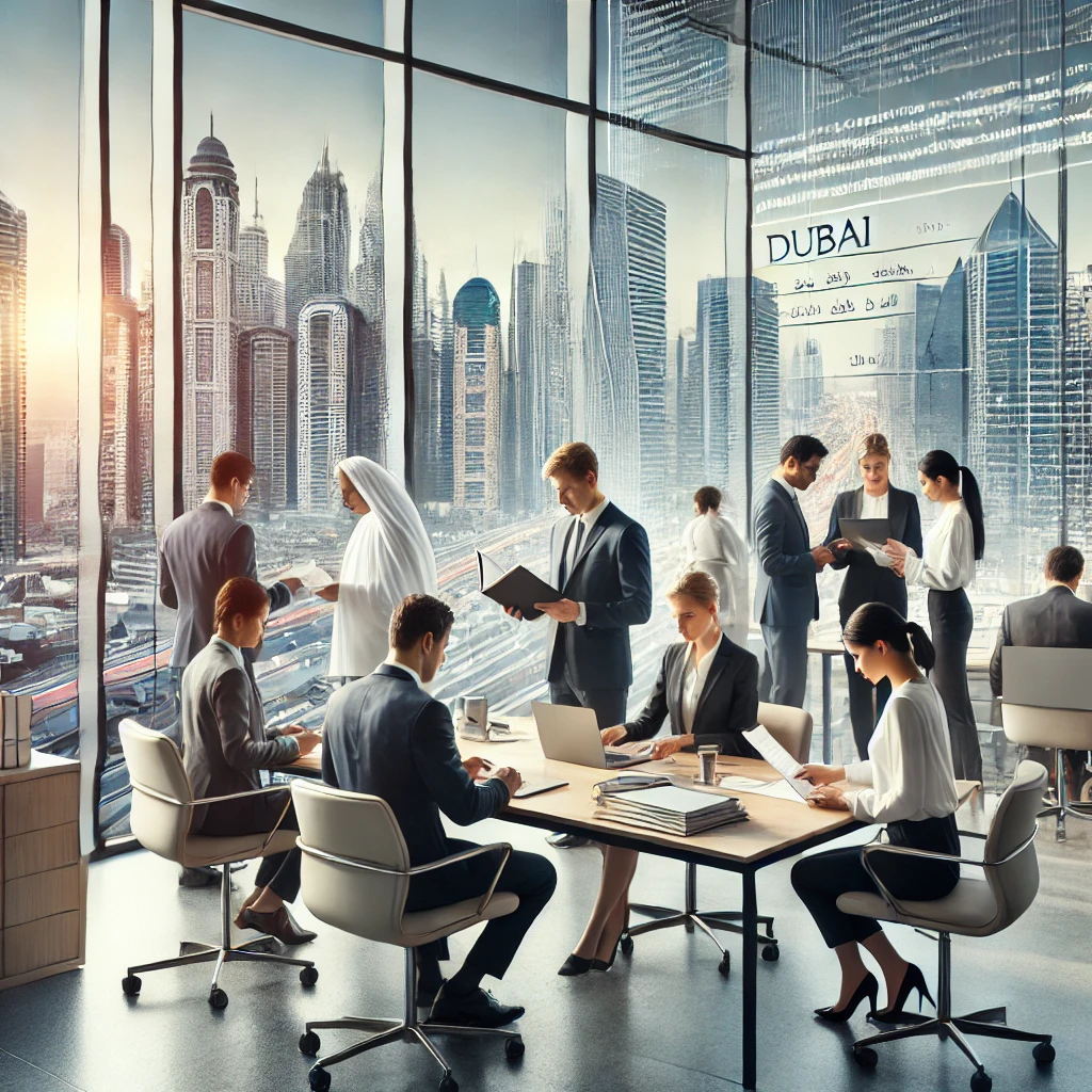 A professional translation team working in a modern office setting with a view of Dubai's cityscape, focusing on legal document translation and collaboration.