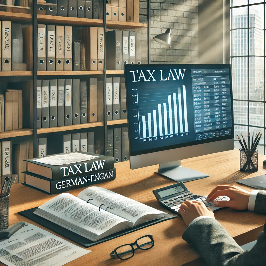 A professional workspace featuring a translator working at a desk with German tax documents and a computer displaying translation software. The background shows shelves with books labeled 'Tax Law' and 'German-English Dictionary' and a window overlooking a cityscape.