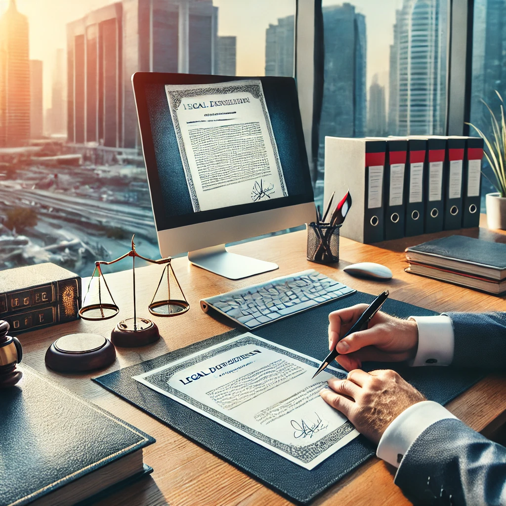 A professional office environment in Dubai with a translator working on legal document translation, showcasing a desk with neatly arranged documents and a computer screen displaying a legal document.