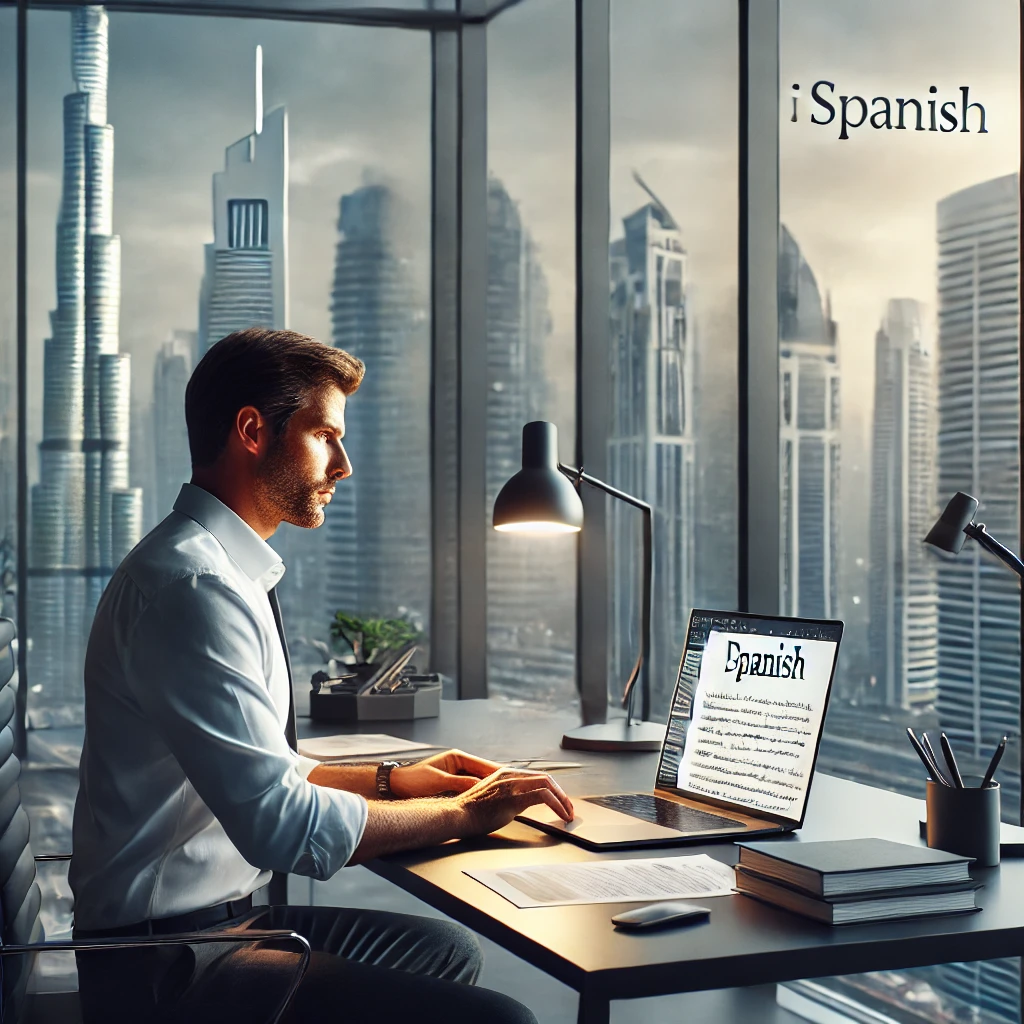 A translator working in a modern Dubai office on a Spanish document, showcasing professionalism and attention to detail.