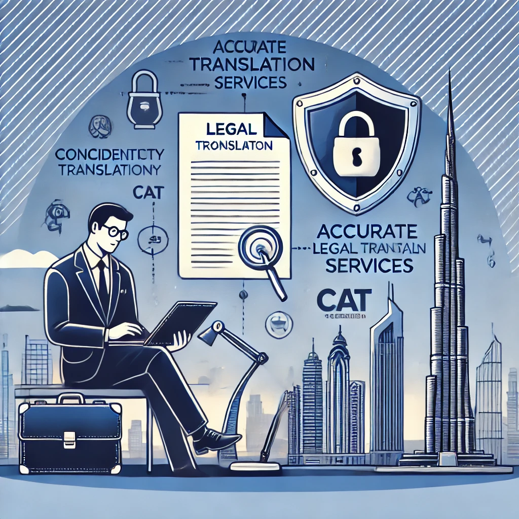 Illustration of a translator reviewing legal documents using translation tools with a focus on confidentiality, featuring a shield icon and the Dubai skyline, including the Burj Khalifa.
