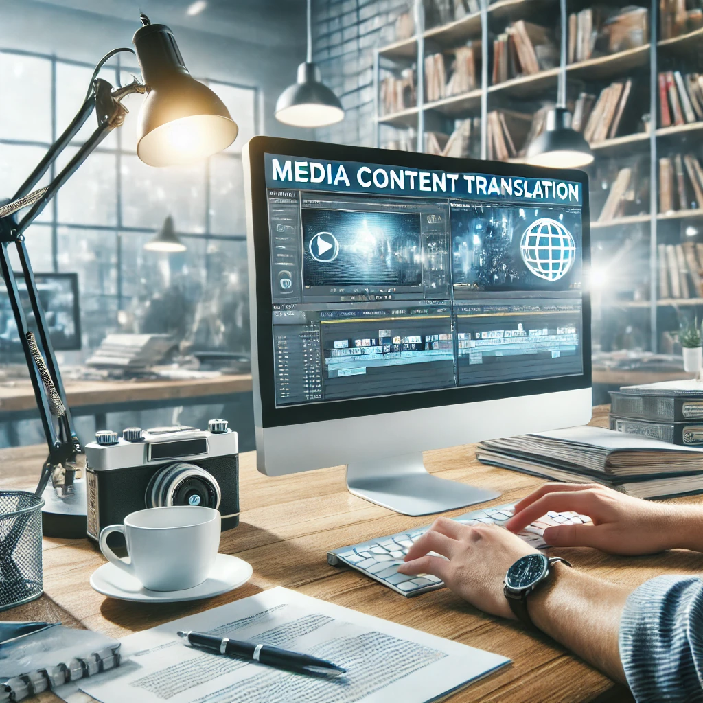 A professional office scene with a translator working on media content translation, showcasing a computer with multimedia content, surrounded by documents and a coffee cup. The background includes shelves with books and media equipment, emphasizing a modern and productive workspace.