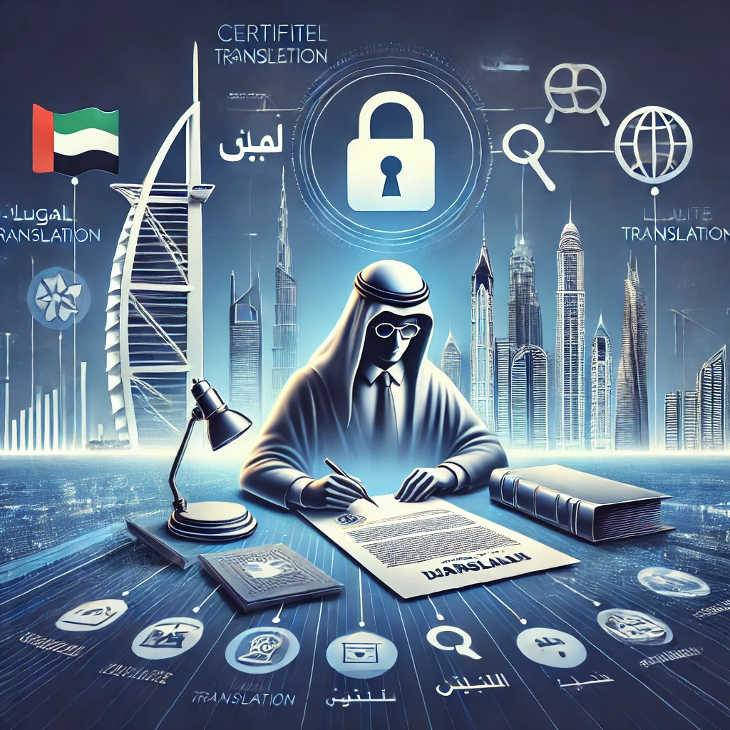 Illustration of a translator working on legal documents with translation tools, showcasing accuracy, confidentiality, and the Dubai skyline in the background.