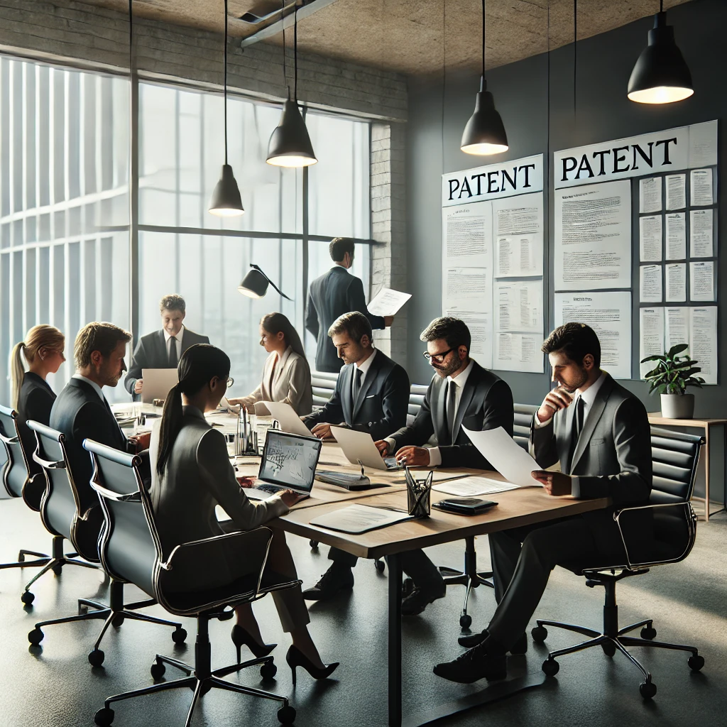 depicting a professional office environment with a team of experts meticulously reviewing patent documents. The setting emphasizes precision and attention to detail, showcasing the focus required for high-quality patent proofreading services. The atmosphere is serious, fitting for the nature of the task at hand. The scene is designed to highlight the expertise and dedication involved in ensuring accuracy in patent applications.