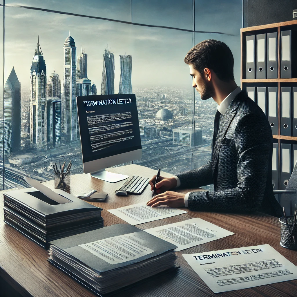 A professional translator working on translating a termination letter in a modern Dubai office, emphasizing accuracy, confidentiality, and legal compliance with a view of the Dubai skyline in the background. The scene highlights trust and professionalism in handling sensitive legal documents.