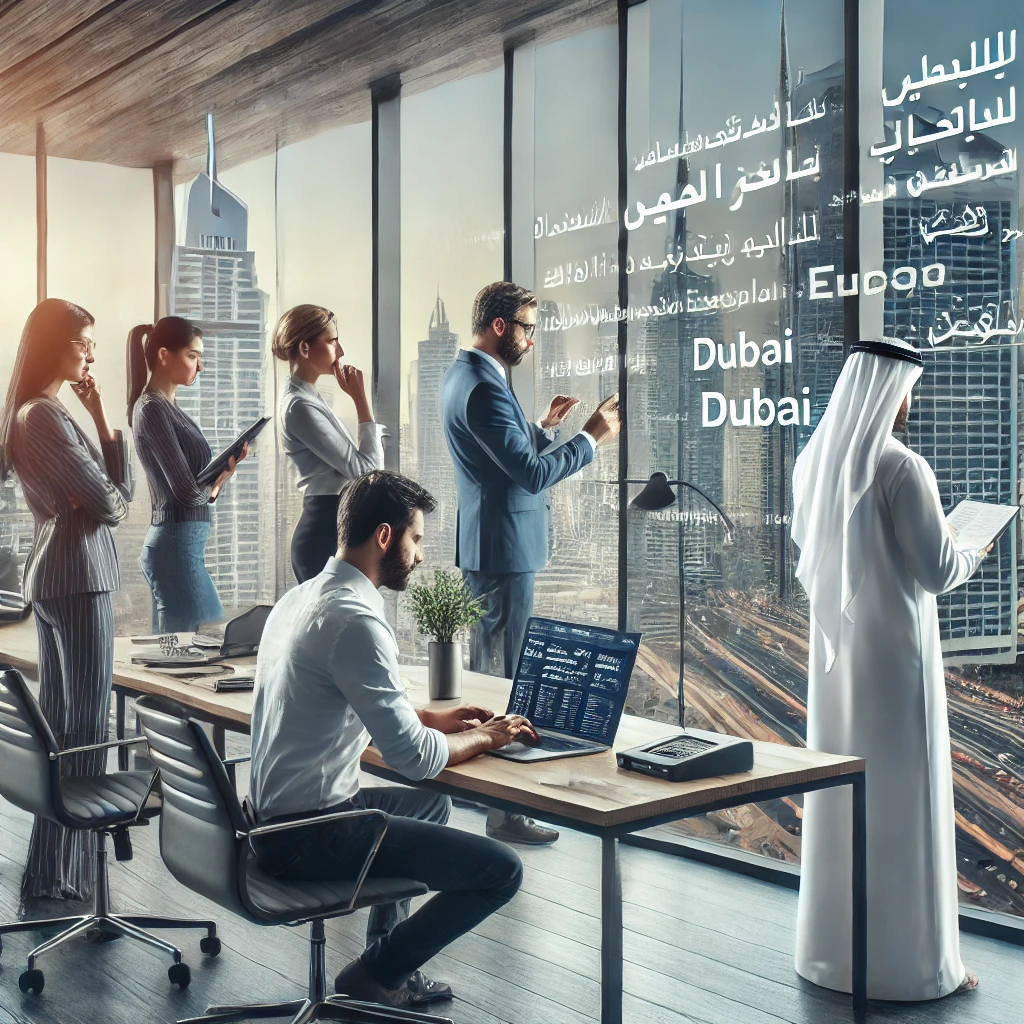 A professional team working on translation services in a modern Dubai office setting, ensuring quality and affordability for global business needs.