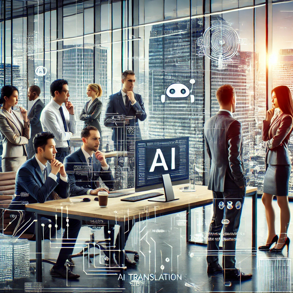 Diverse team of professionals collaborating on AI translation technology in a modern office setting