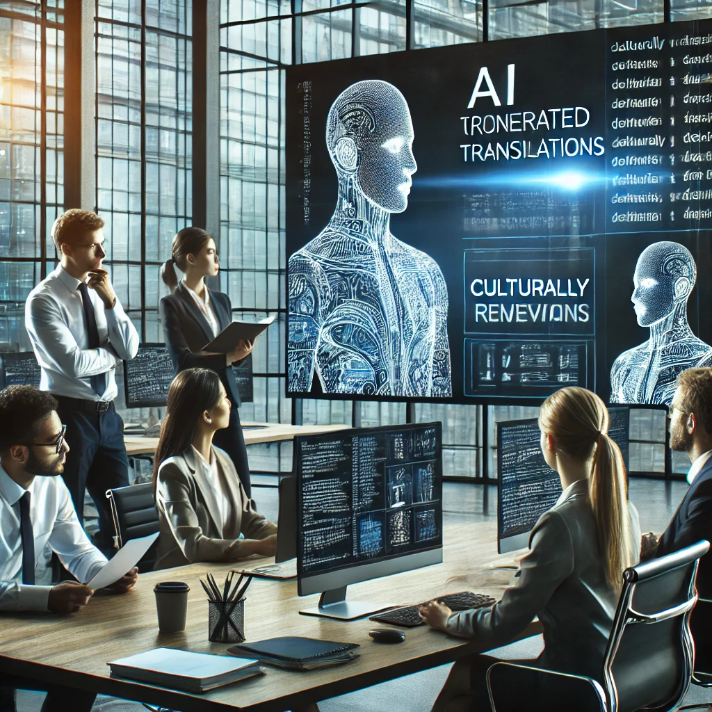 Professional human translators comparing AI-generated translations for accuracy and cultural relevance in a modern office setting.