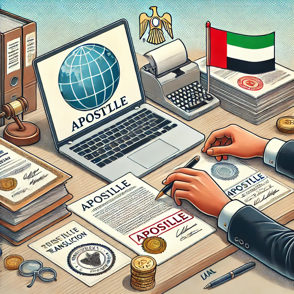 Professional setting illustrating apostille translation services with documents, certificates, and stamps on a desk. A translator reviews documents on a laptop, ensuring accuracy for international use. A globe and UAE flag in the background symbolize global relevance and compliance with local standards. Notary seals, folders, and pens highlight precision, authentication, and professionalism.