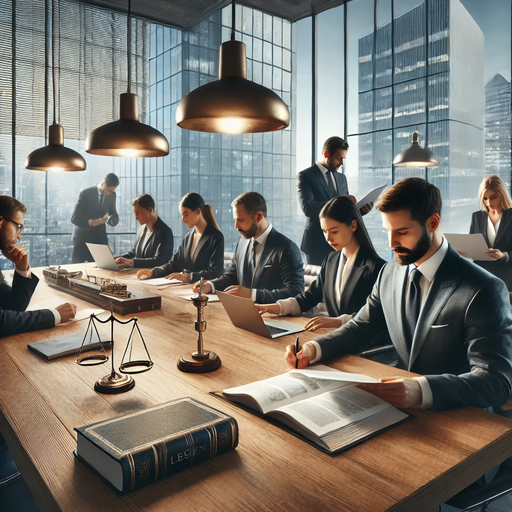 A professional office environment with a team of expert translators working diligently on Arabic legal translation documents, ensuring accuracy, compliance, and clarity. The scene emphasizes a collaborative and focused atmosphere, ideal for delivering high-quality legal translations in Dubai.