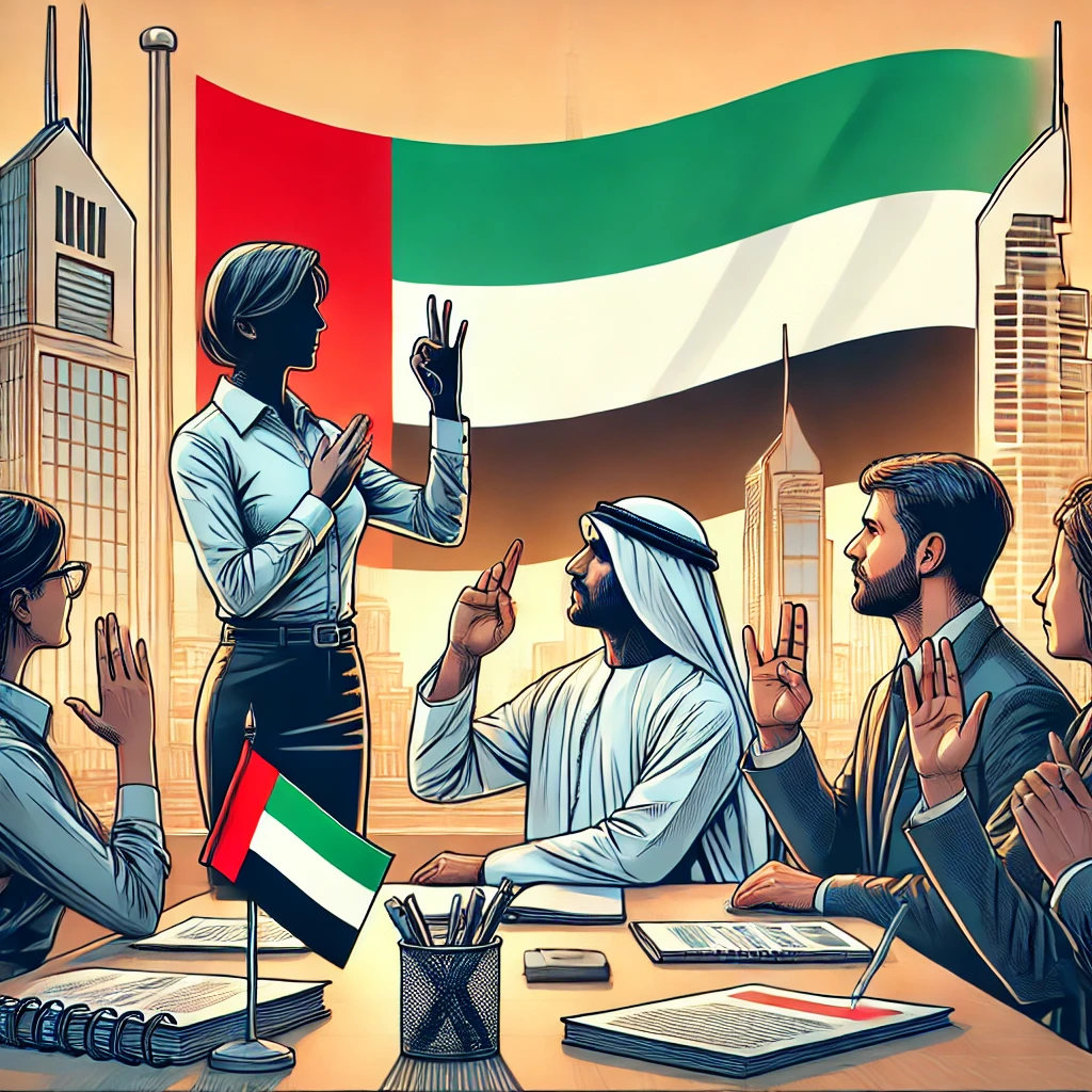 Professional setting in Dubai with an ASL (American Sign Language) translator facilitating communication between participants in a business or educational environment. A UAE flag in the background highlights local relevance, with elements like a notepad, laptop, and brochures suggesting a professional focus on accessibility and inclusive interaction.