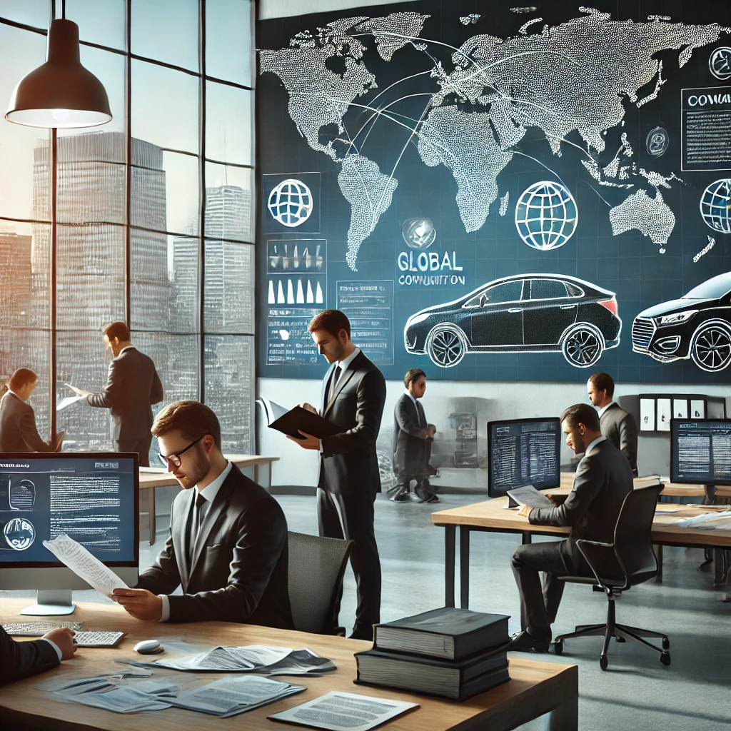 Professional translators working in a modern office setting, reviewing automotive manuals and legal documents with a city skyline view, representing global communication in the automotive industry.