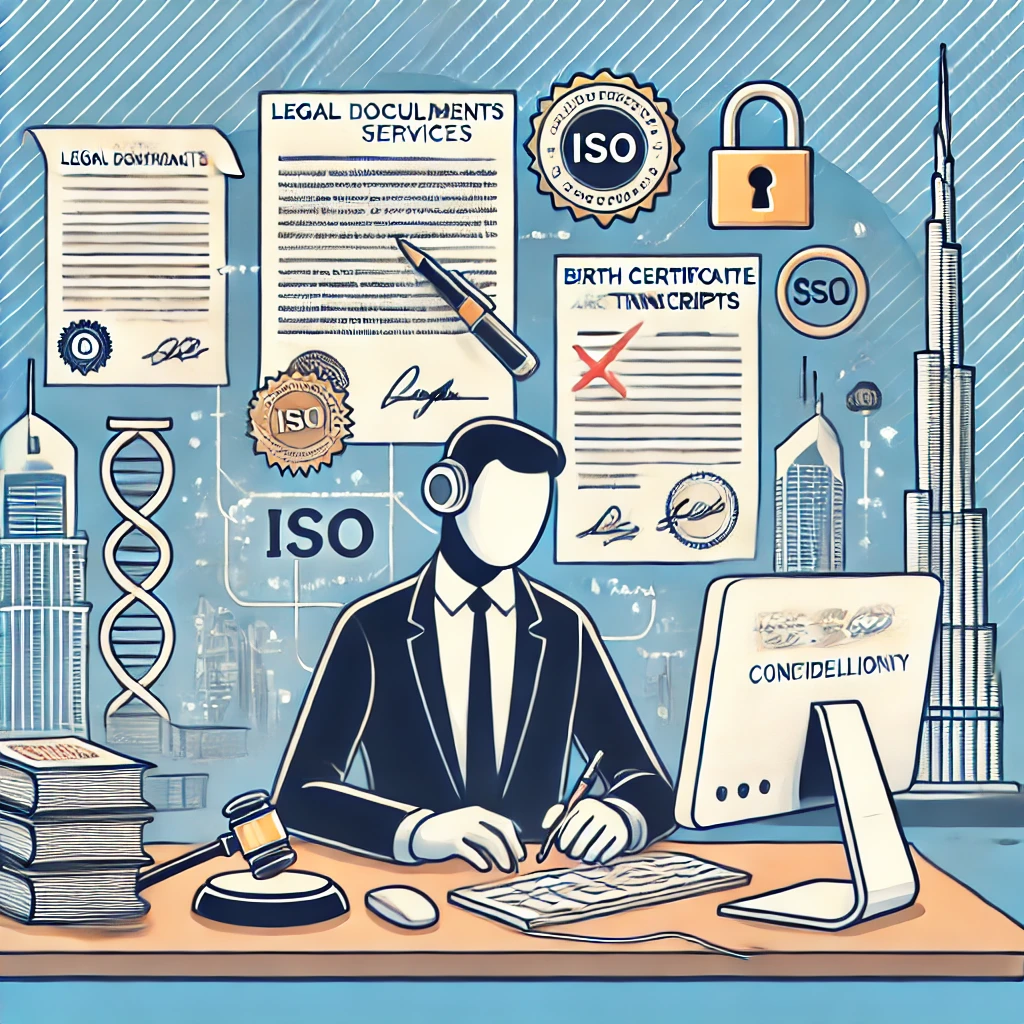Illustration of a translator working on legal documents using advanced CAT tools, with symbols of ISO certification and confidentiality, and Dubai’s skyline in the background.