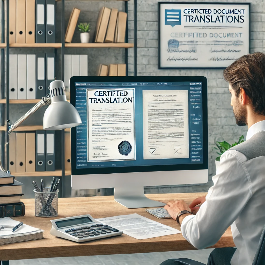 A professional office setting with a translator working at a desk on certified document translations, featuring a computer displaying translation software with a certificate of accuracy. The workspace includes documents, language dictionaries, and a notepad. The background has bookshelves and certificates, showcasing expertise and a well-organized, professional atmosphere.