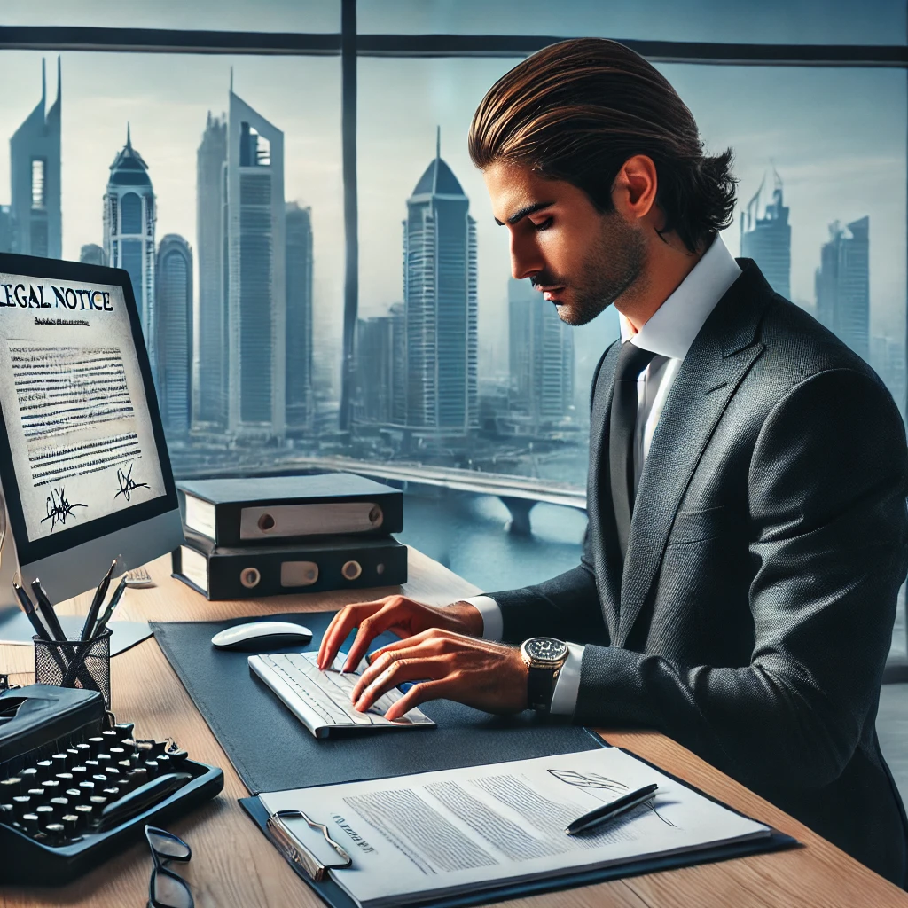 A professional translator working on a legal notice translation in a modern Dubai office, ensuring accuracy, confidentiality, and compliance with UAE legal standards. The scene highlights trust and professionalism in certified legal translation services, with the Dubai skyline visible through large windows.