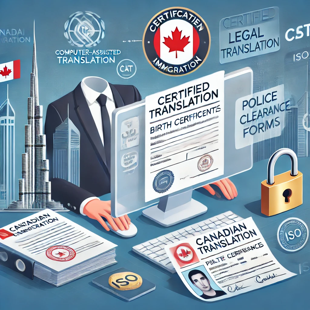 "Illustration of a translator processing immigration documents using CAT tools, with symbols of confidentiality and certification, and the Dubai skyline in the background.