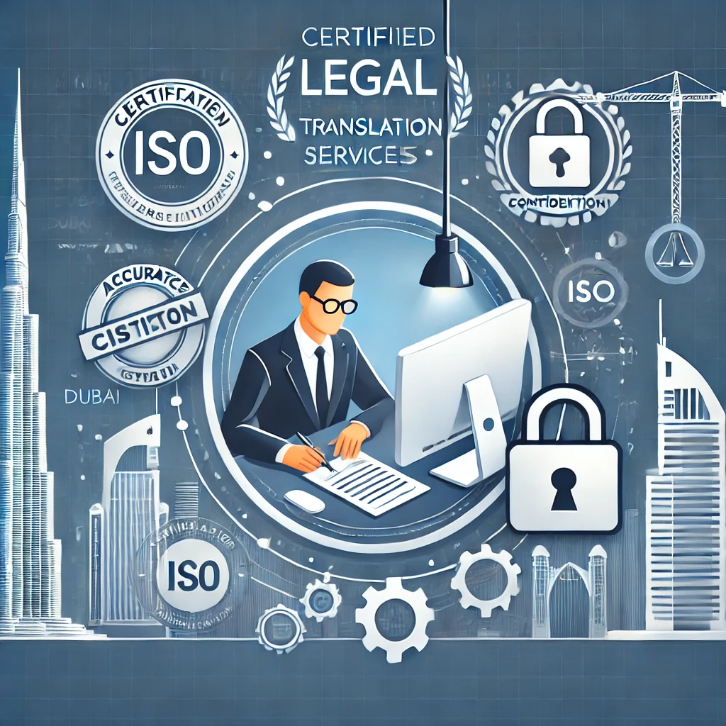 Illustration showing certified legal translation services in Dubai with legal documents, a translator, symbols of accuracy and confidentiality, and the Dubai skyline.