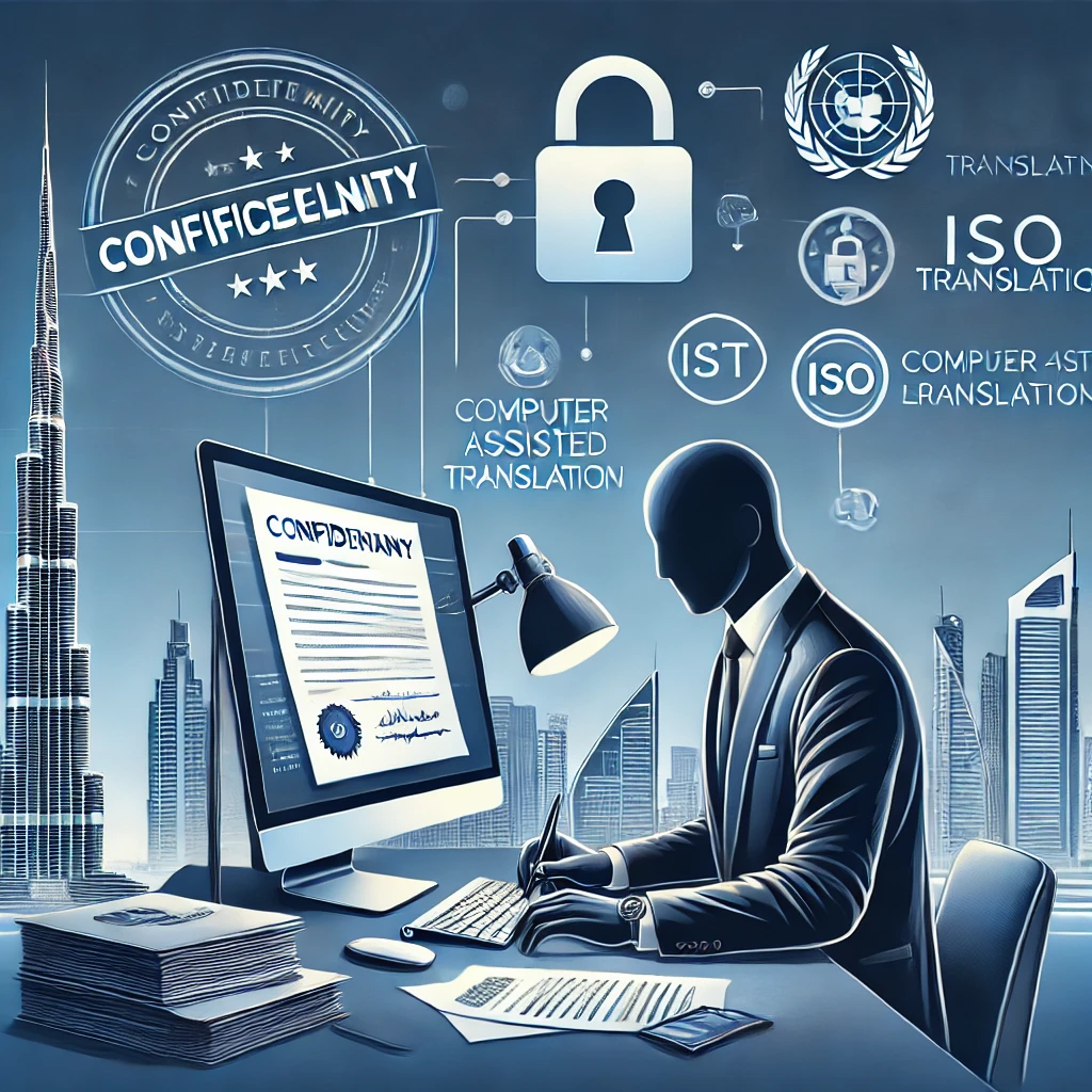 Illustration of a translator working on legal documents using CAT tools, with symbols of certification and confidentiality, and Dubai’s skyline in the background.