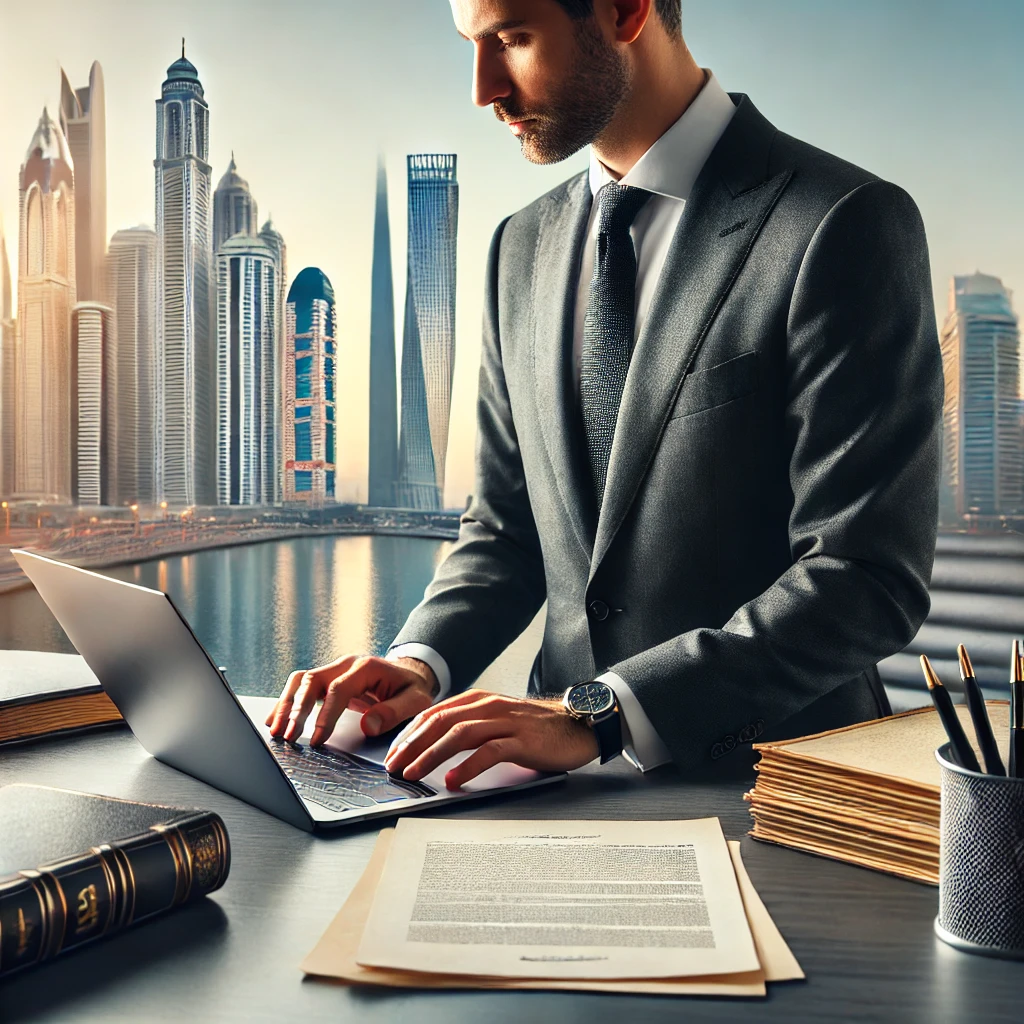 A professional office setting in Jumeirah Lakes Towers (JLT), Dubai, featuring a translator reviewing legal documents on a laptop, with modern skyscrapers visible in the background, symbolizing precision, trust, and professionalism.