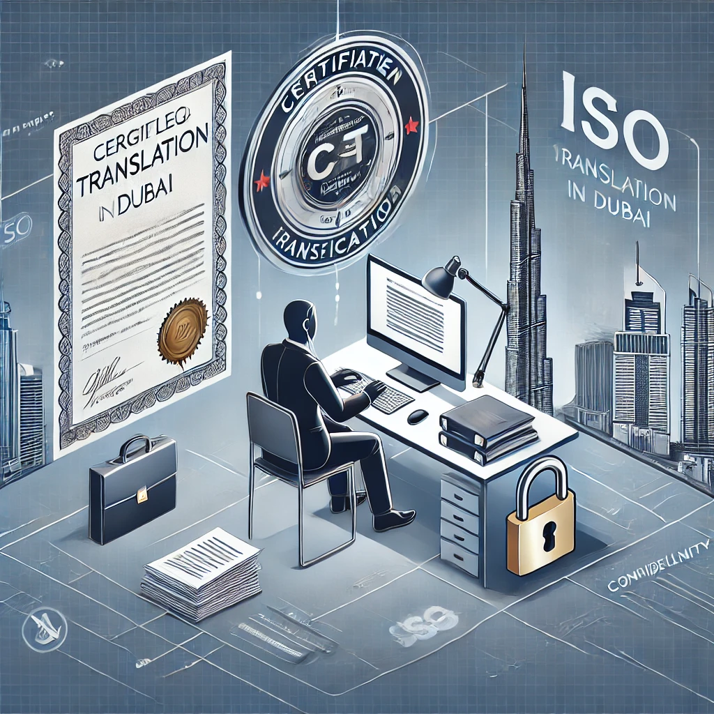 Illustration of a translator working on legal documents using CAT tools, with symbols of certification and confidentiality, and Dubai’s skyline in the background.
