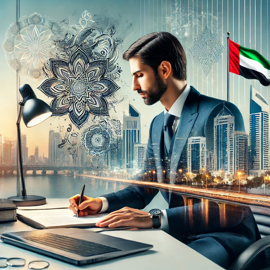 A professional office setting in Sharjah with a translator working on legal documents, surrounded by elements of Sharjah’s urban and cultural environment, symbolizing a blend of precision, professionalism, and tradition.