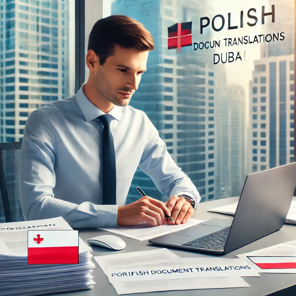 A professional translator working on Polish document translations at a desk in Dubai, reflecting precision and professionalism. The scene symbolizes trust and accuracy in certified translations for legal, medical, and business purposes.