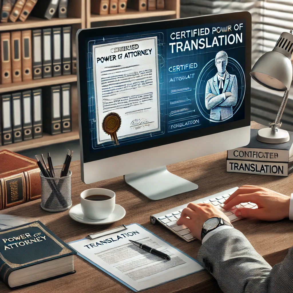 A professional office scene where a translator is working on a certified Power of Attorney translation. The computer screen shows translation software with legal documents. The workspace includes organized documents, language dictionaries, and a cup of coffee. The background features a bookshelf with legal books and certificates of translation, emphasizing expertise and professionalism.