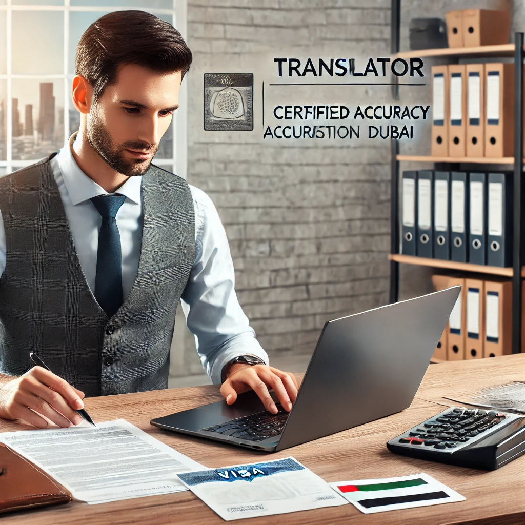 A professional translator working at a desk in Dubai, translating visa documents with a laptop and organized papers, symbolizing precision, professionalism, and compliance with immigration requirements.