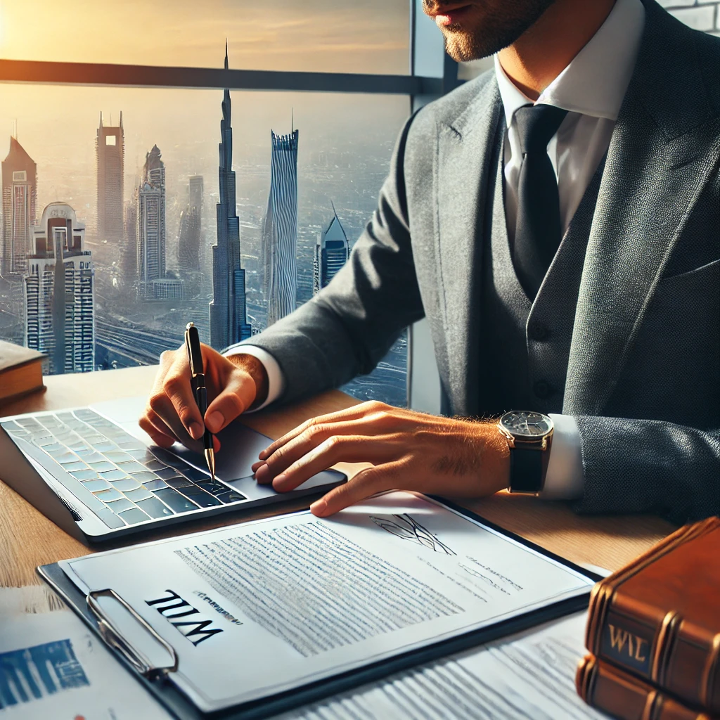 A professional translator in Dubai working on a will translation, seated at a desk with legal documents and a laptop. The office reflects professionalism, with Dubai’s skyline visible in the background, symbolizing trust and global legal compliance.