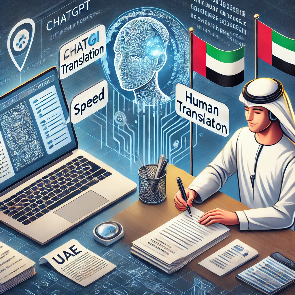 Side-by-side comparison of ChatGPT translation and human translation in a professional setting. A laptop displaying AI translation contrasts with a human translator reviewing documents with a notepad and pen. A globe and UAE flag in the background emphasize international relevance and the balance between AI's speed and the human touch's accuracy and cultural sensitivity.