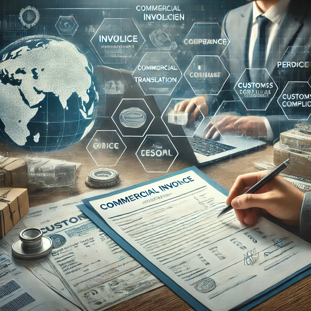 Professional scene depicting the process of commercial invoice translation. A desk features invoices in multiple languages alongside a laptop displaying translation software. In the background, a translator works attentively, reflecting precision and focus. Additional elements like a globe, customs stamps, and financial documents emphasize the global nature of the translation service, highlighting its role in international trade and compliance.