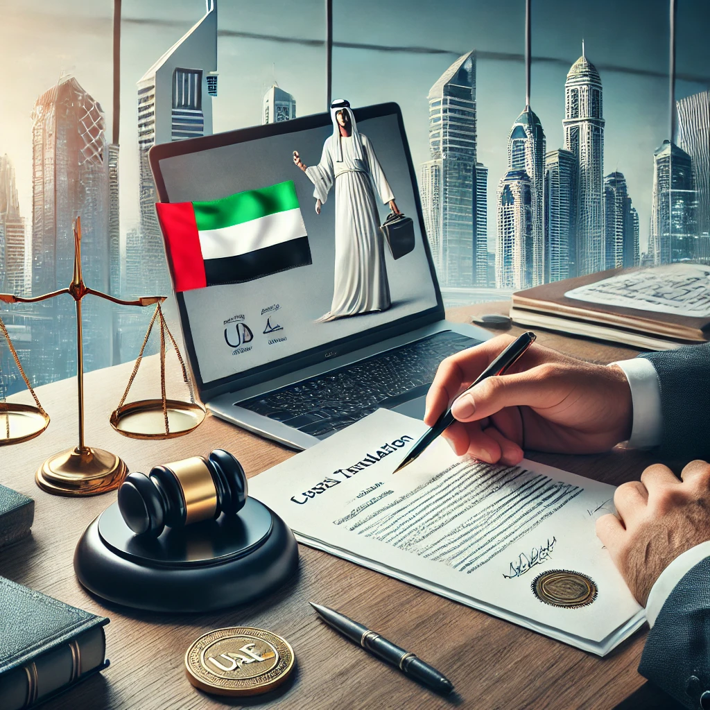 Professional legal translation setting in Dubai featuring a translator reviewing court documents on a desk with a laptop, UAE flag, and legal seals. The background reveals Dubai’s skyline, emphasizing precision, confidentiality, and compliance with local legal standards.