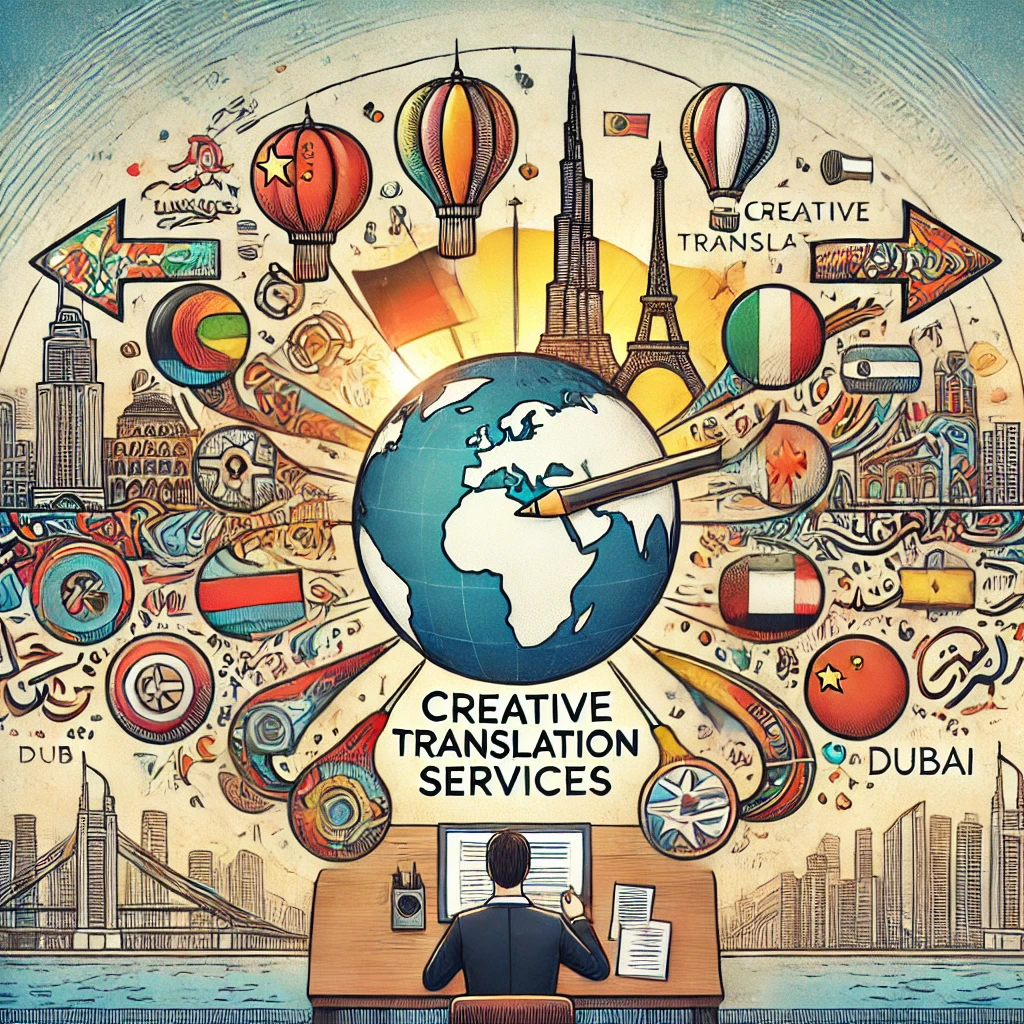 Creative translation services illustration showing a globe connected to different countries with cultural elements, a translator working at a desk, and Dubai’s Burj Khalifa in the background.