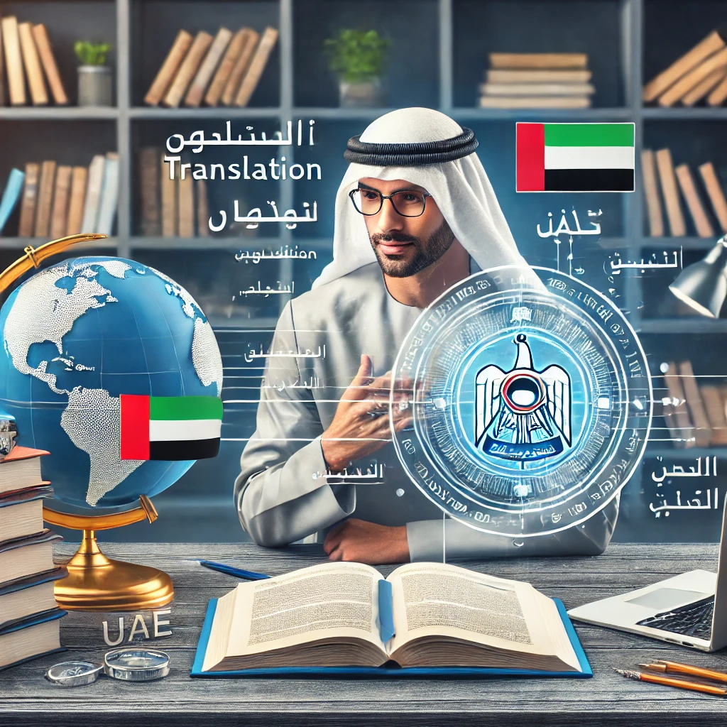 Professional educational translation setup with academic documents, textbooks, certificates, and a translator reviewing materials on a laptop. A globe and UAE flag signify international education and local relevance, with a bookshelf in the background adding a scholarly touch.
