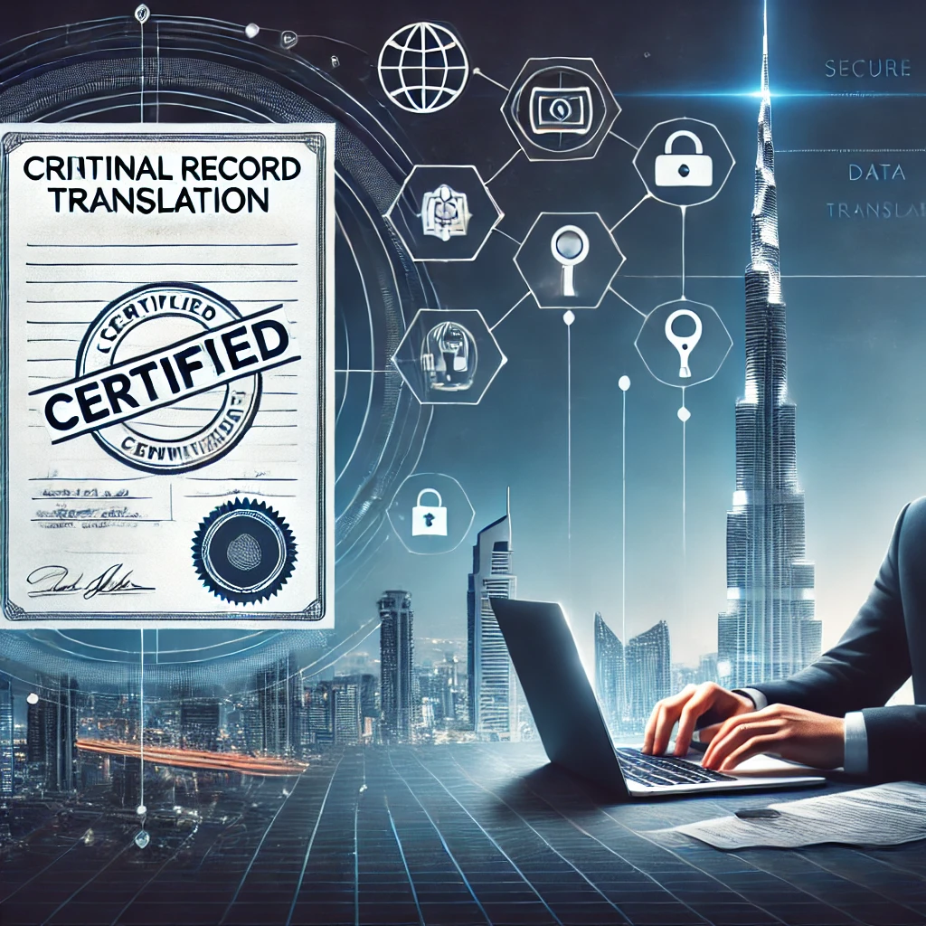 Certified criminal record translation services in Dubai with a translator working on a document, featuring a certified stamp and Dubai’s skyline in the background.