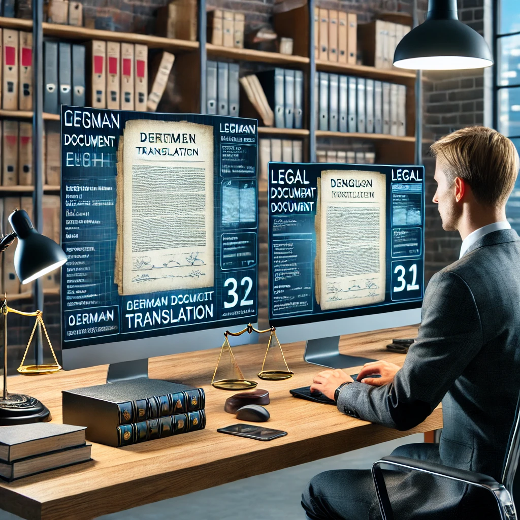 Professional office environment in Dubai featuring a translator working on German legal document translation, emphasizing accuracy and confidentiality.