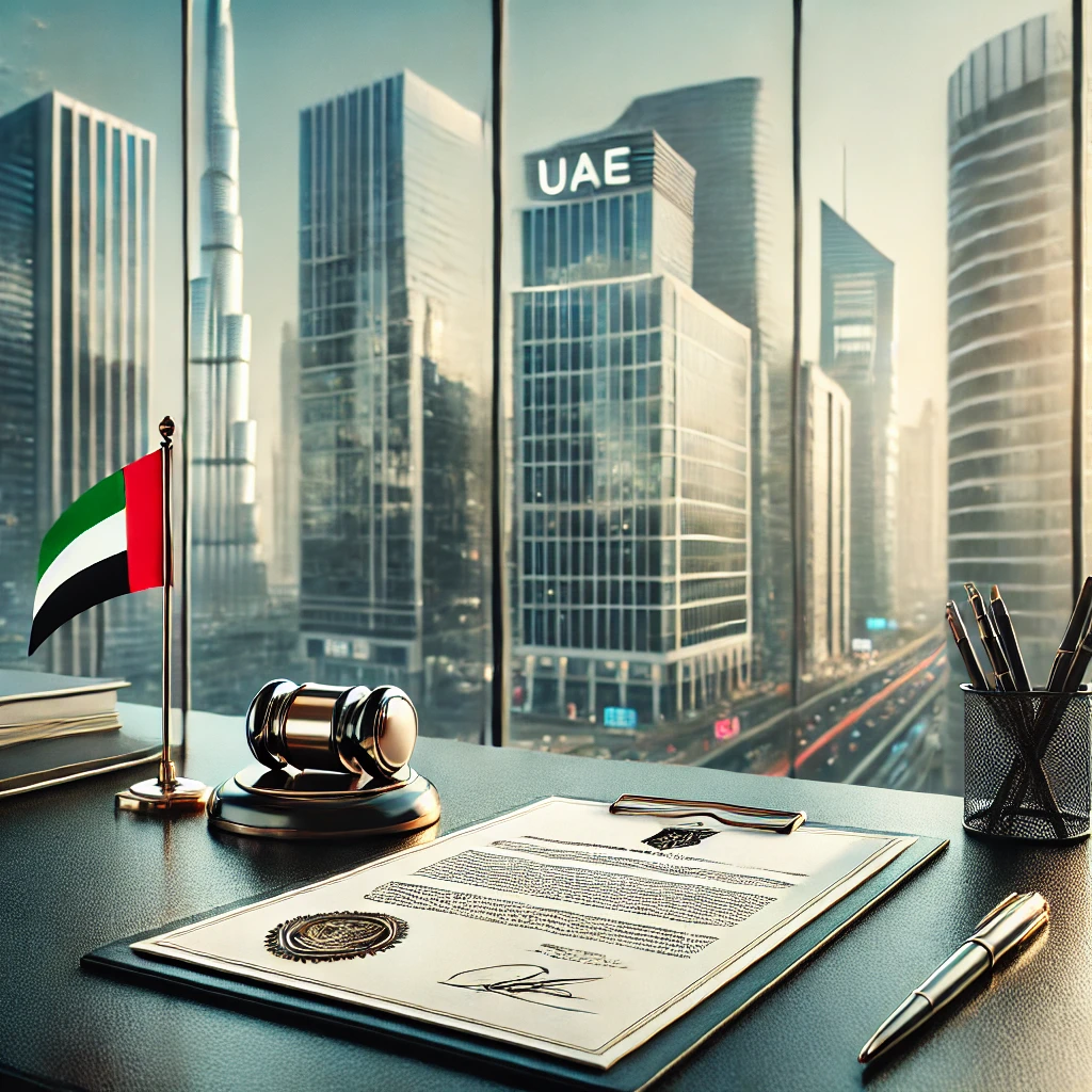 Professional legal translation setup in Al Barsha, Dubai, featuring neatly arranged business documents with a seal of approval, UAE flag, and office elements like a pen, laptop, and notepad, set against the backdrop of Al Barsha’s modern cityscape.