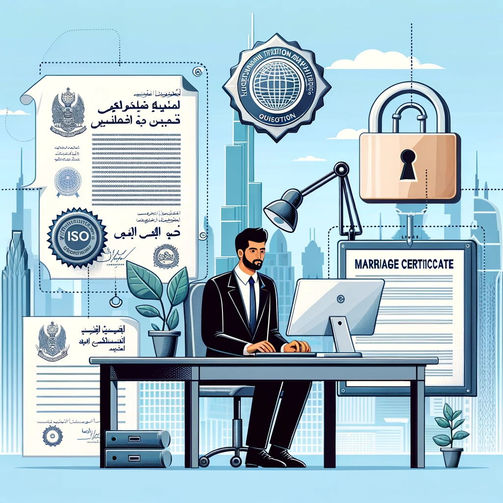 Illustration showing legal translation services in Dubai with official documents translated into Arabic, a translator using advanced tools, and Dubai’s skyline in the background.