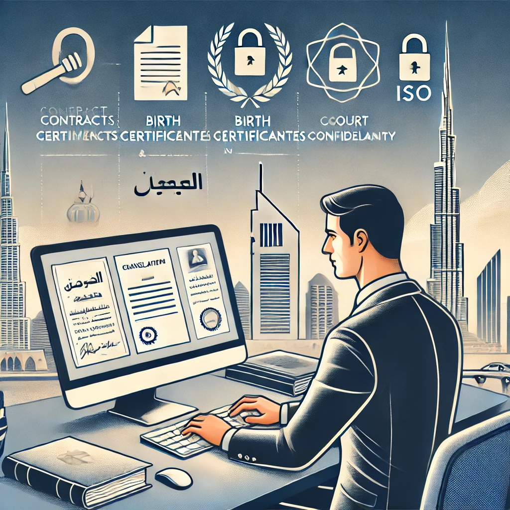 Illustration showing a translator working on legal documents with advanced tools, translating contracts and birth certificates into Arabic, with Dubai's skyline in the background.