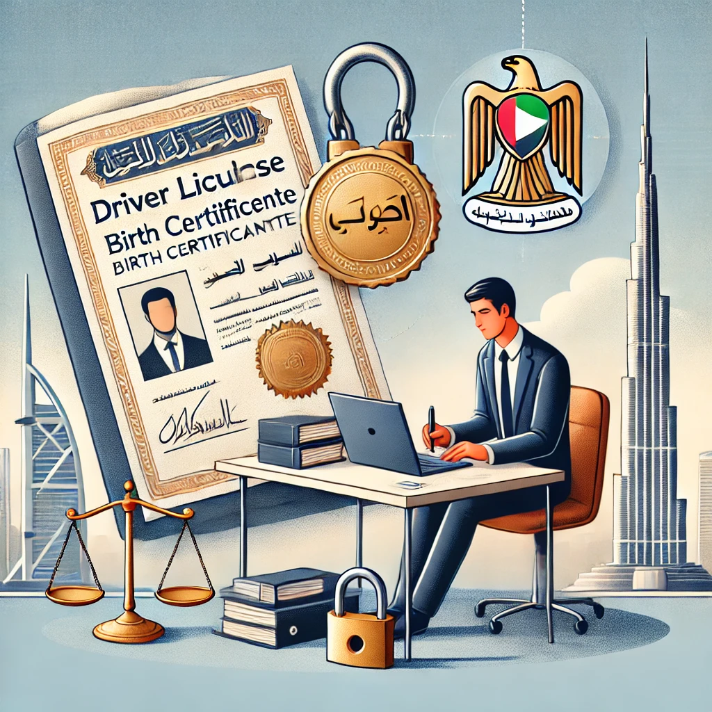 Illustration showing documents translated from English to Arabic with a seal of certification, a translator working at a desk, and Dubai's skyline in the background." Title Text: "Legal Translation Services in Dubai – Certified and Confidential