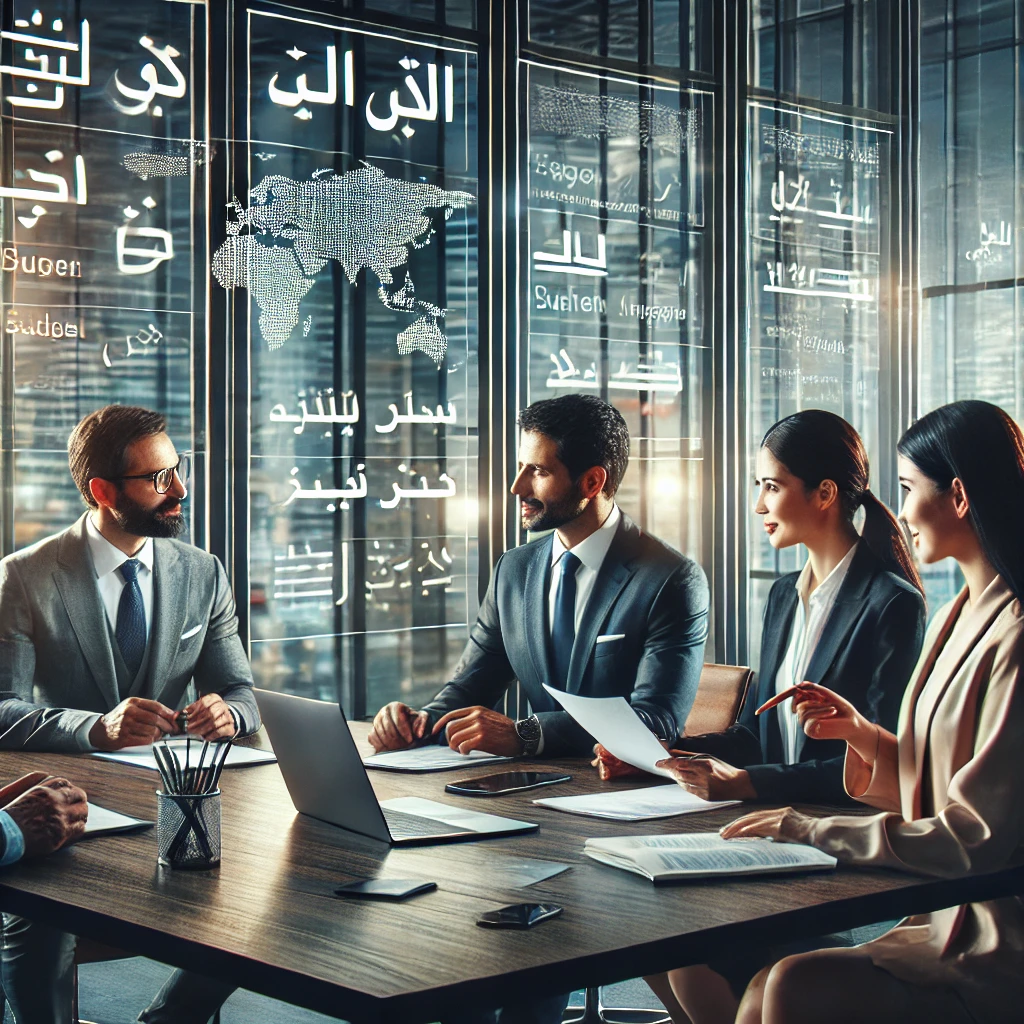 Modern office environment showcasing a diverse team of professionals in Dubai discussing global translation strategies, enhancing the depiction of advanced international business communication.