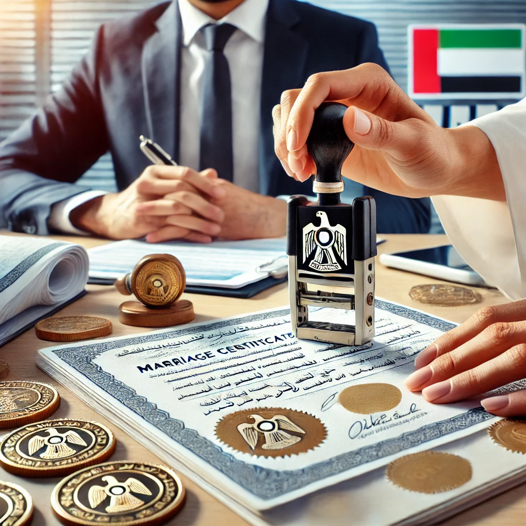 A professional team handling marriage certificate attestation services in an office in Dubai, ensuring smooth document verification with visible government seals and MOFA stamps, reflecting trust and efficiency in the process.