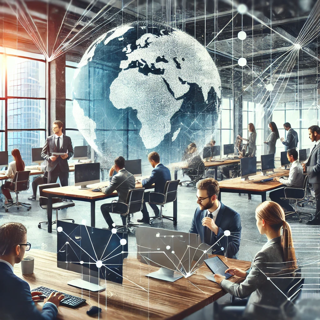 A modern, well-lit office environment featuring diverse professionals collaborating and working on computers, symbolizing global translation challenges in the tech industry with visual elements of global communication and technology in the background.